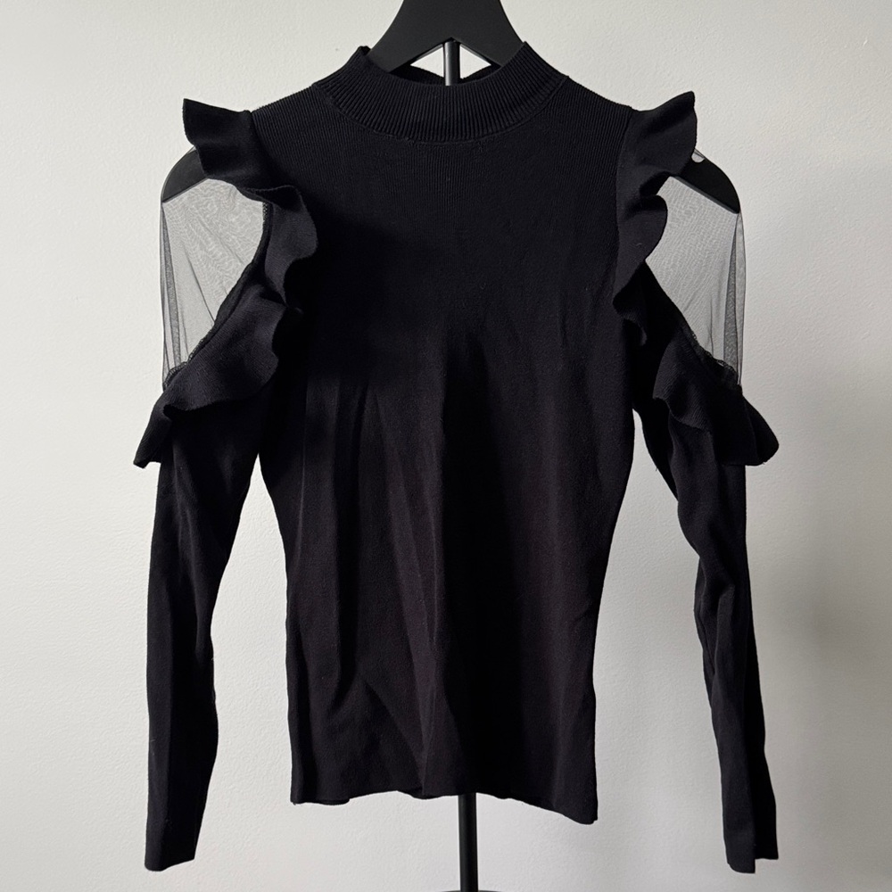 Gracia Black Ruffle Cold Shoulder Knit Statement Sweater size S